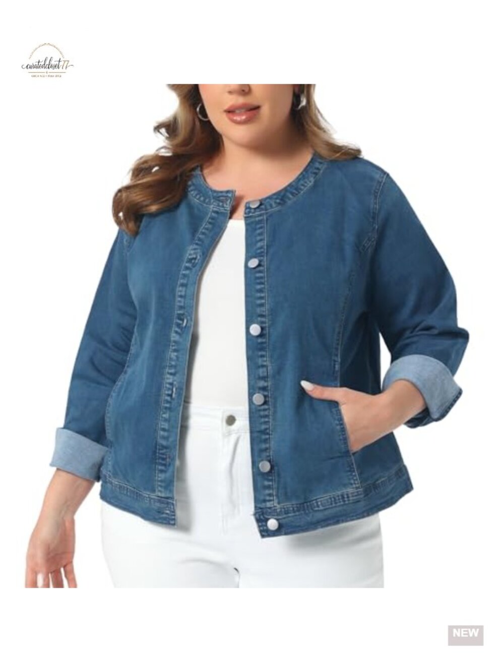 Women's Plus Size Denim Jacket Collarless Button Down Cargo Shacket